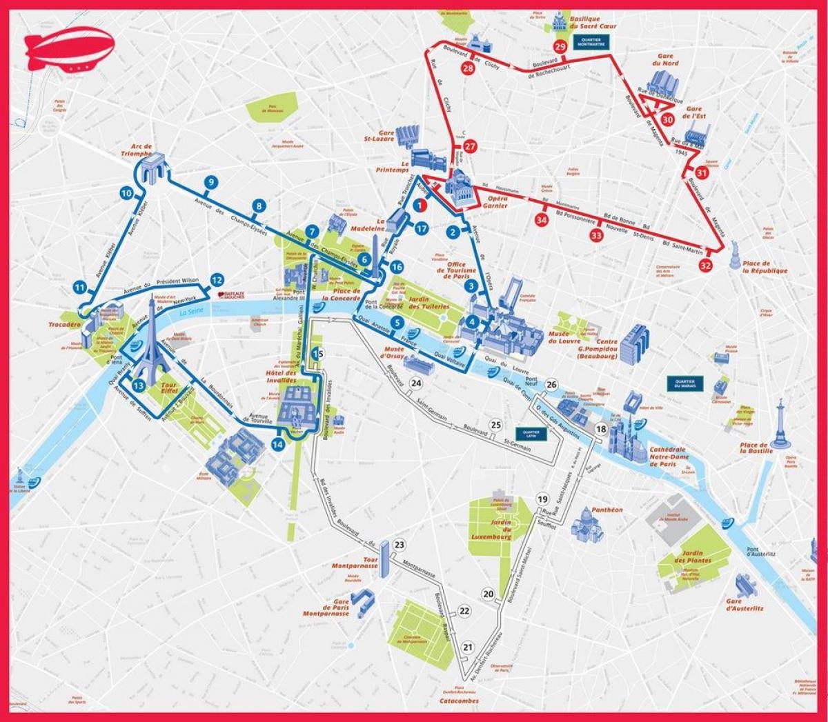 Paryż-hop-hop-off trasę na mapie