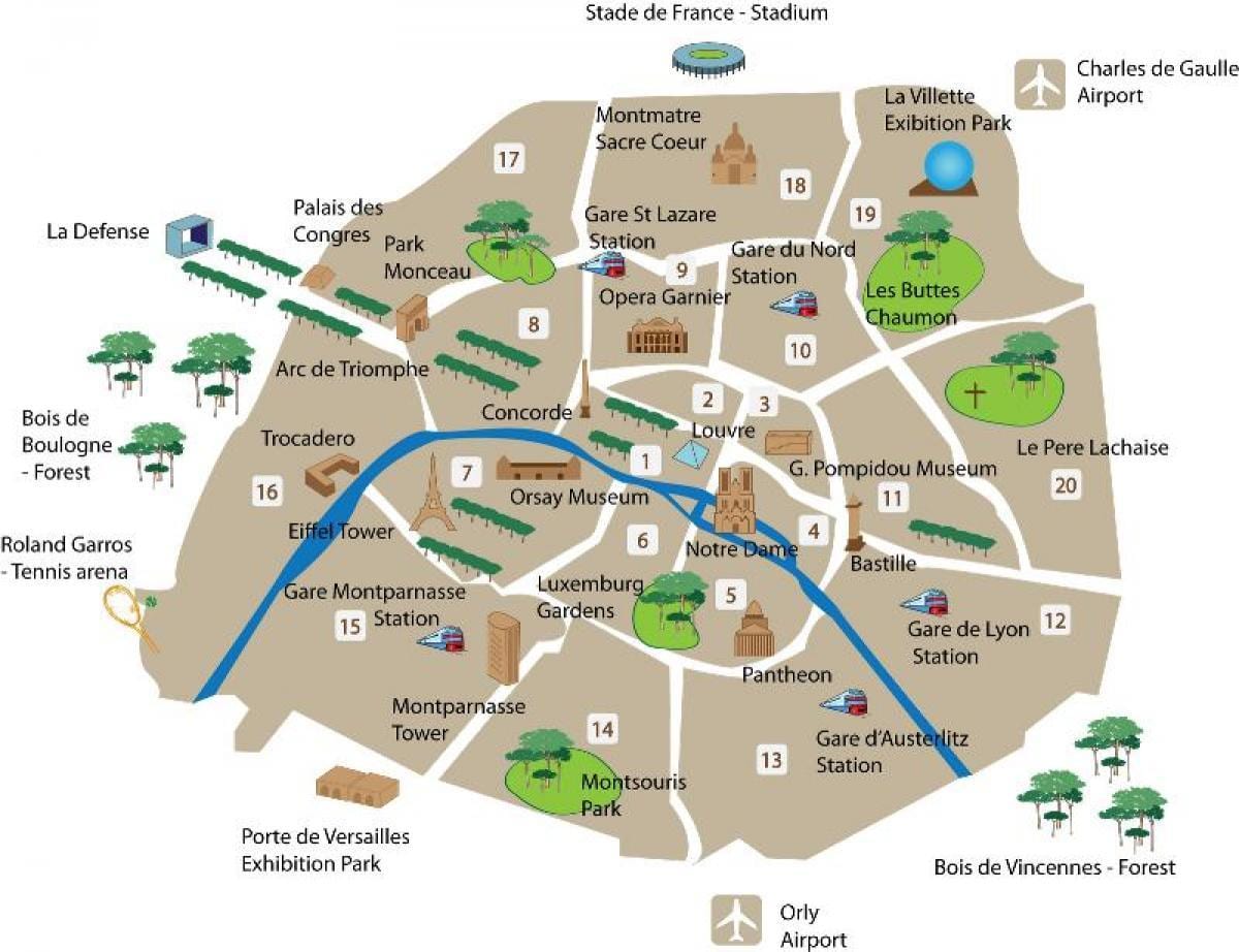 Mapa powiatów Paryża z atrakcji