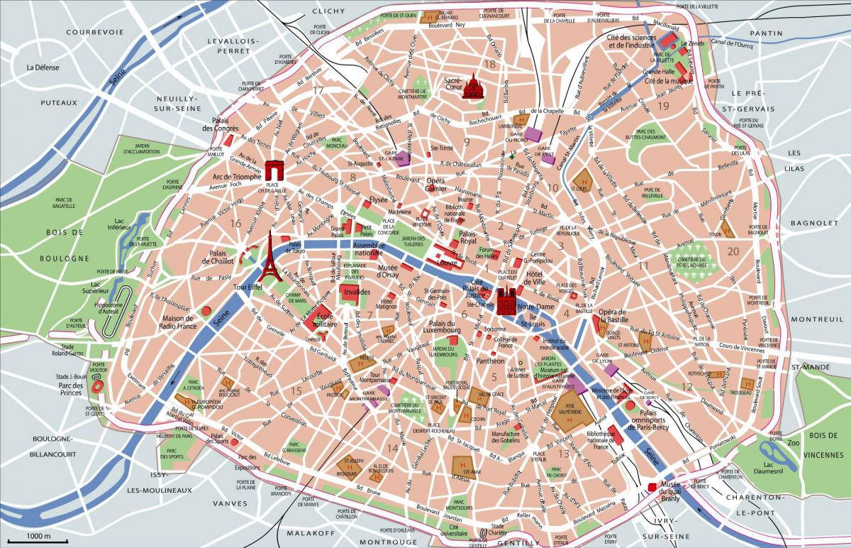 Paryż głównych atrakcji turystycznych na mapie