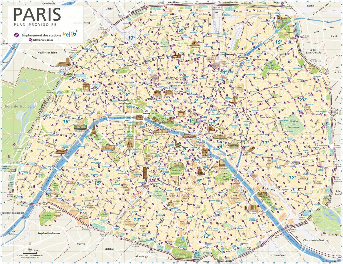 Paryż mapa wypożyczalni rowerów 