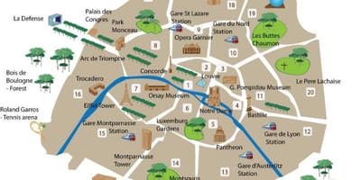 Mapa powiatów Paryża z atrakcji